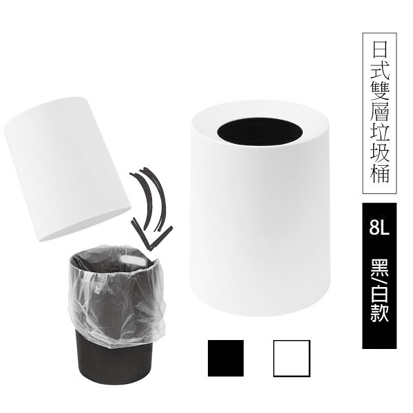 TRENY日式雙層垃圾桶8L-霧黑/白 (超取限2入) 附內桶 防臭 廚餘桶 收納桶