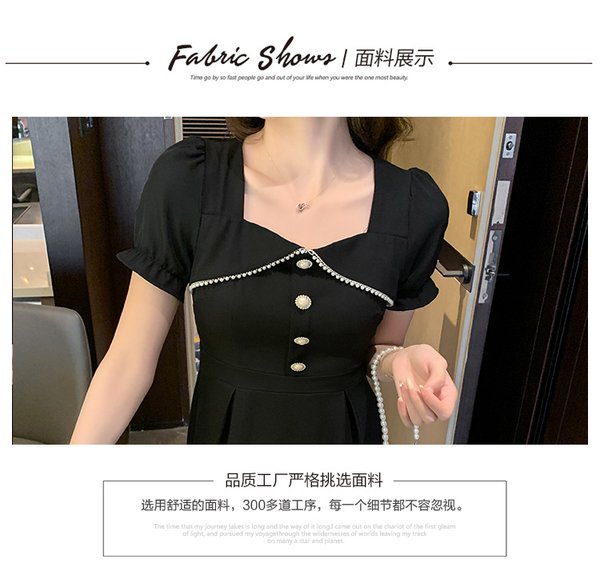 韓風 S-XL短袖洋裝夏季裙子法式復古赫本風小黑裙氣質收腰顯瘦高級感連身裙G653B.華麗時代
