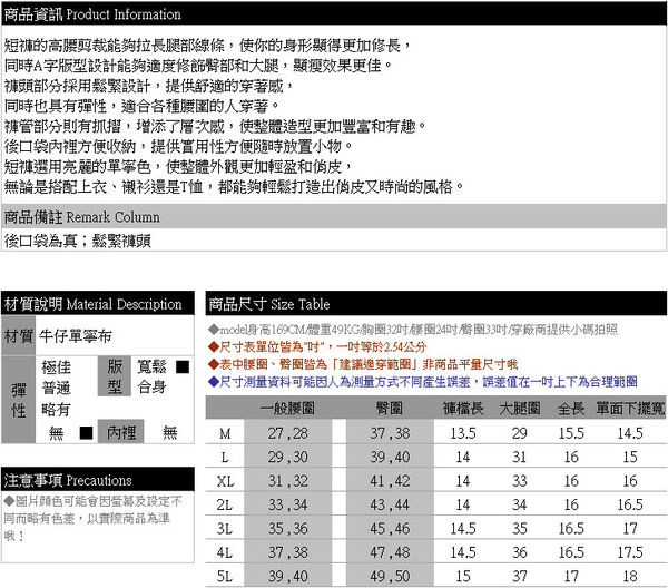 牛仔褲裙--增高顯瘦高腰加寬鬆緊褲頭顯瘦抓摺設計牛仔短褲(藍M-5L)-R275眼圈熊中大尺碼 product thumbnail 11