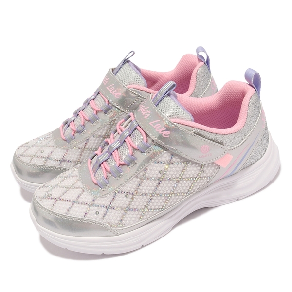 SKECHERS GLIMMER KICKS 銀 中童 菱格鑽飾 閃燈 魔鬼氈 輕量 運動 休閒鞋 20336LSLPK