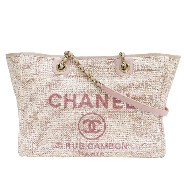 【二手名牌BRAND OFF】CHANEL 香奈兒 粉色 毛呢布料 Deauville 托特包 金扣