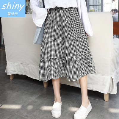 【V1661】shiny藍格子-極簡時尚．黑白格層次鬆緊蛋糕長裙