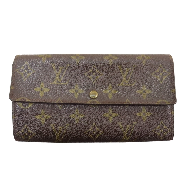 【二手名牌BRAND OFF】LOUIS VUITTON LV 路易威登 棕色 原花帆布 扣式長夾 金扣 M61725