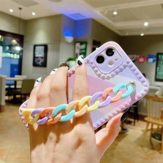 彩虹鏈條 iPhone 13 12 11 pro Max 手機殼 彩色手鏈 愛心相框 保護鏡頭 全包防摔 矽膠軟殼