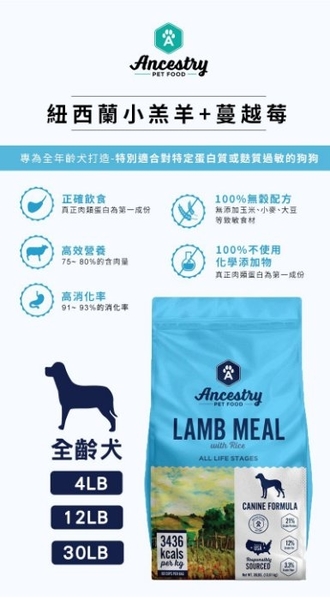 送寵鮮食凍乾X1 Ancestry 美國望族 天然犬糧(低敏系列) 紐西蘭小羔羊+蔓越莓 4LB/包 product thumbnail 4