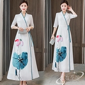 旗袍 洋裝 夏季中式偏襟長裙系帶修身媽媽裝五分袖中國風改良連身裙