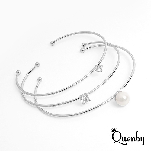 Quenby 簡約風鋯石點綴銀色開口手環/飾品-3件組