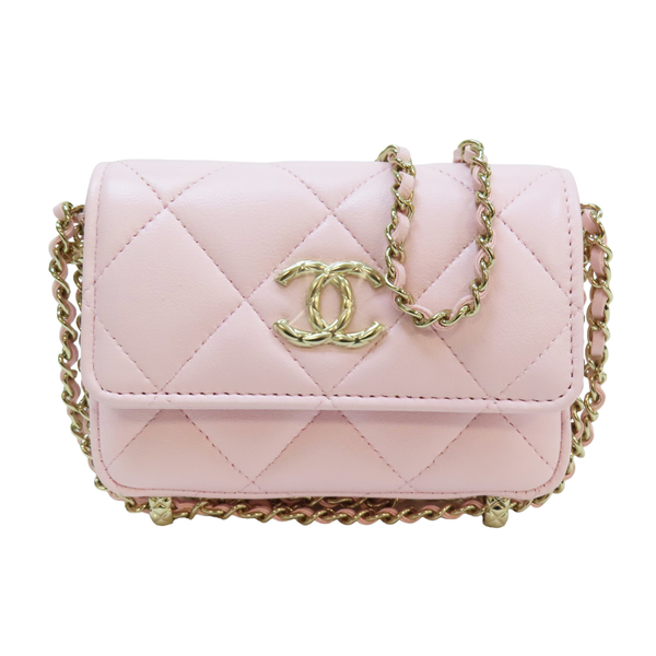 【二手名牌BRAND OFF】CHANEL 香奈兒 淡粉色 牛皮 菱格紋 Mini Shoulderbag 迷你單肩鏈包 金扣