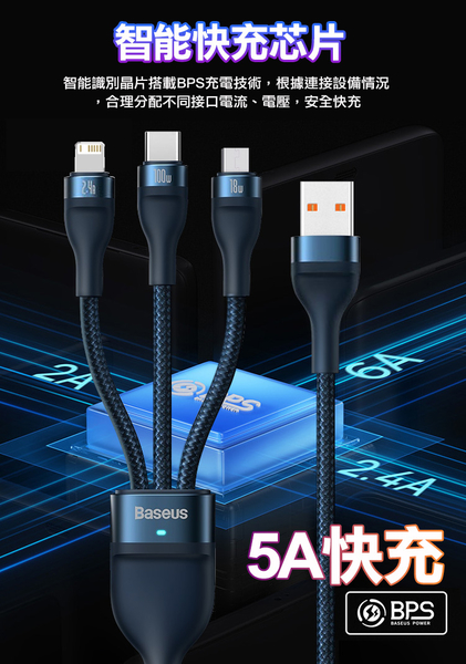 Baseus倍思 閃速系列2第二代 三合一 100W快充充電線(Lightning/Micro USB/Type-C)-120cm product thumbnail 4