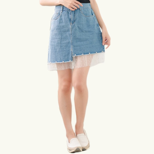 短裙--鄰家女孩甜美可愛網紗拼接不規則釘珠高腰A字牛仔裙(藍XL-5L)-Q111眼圈熊中大尺碼 product thumbnail 3
