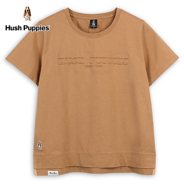 Hush Puppies 上衣 女裝素色品牌英文凹凸鋼模刺繡小狗短袖上衣