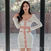 超顯身材v領單排扣緊身包臀裙白色性感蕾絲連身裙 女 韓國洋裝