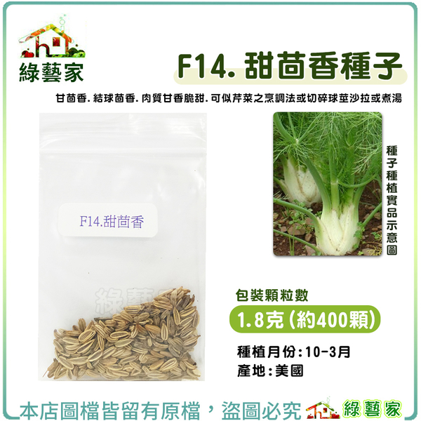 【綠藝家】F14.甜茴香種子1.8克(約400顆) 進口種子 甘茴香 香辛種子 肉質甘香脆甜