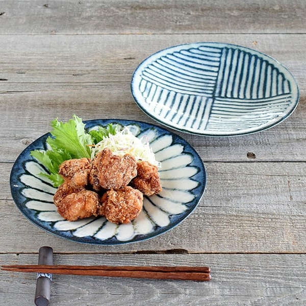 日本製 美濃燒 圓盤 22cm 陶瓷 條紋/花繪圖樣 餐盤 碗盤 餐桌 料理盤 日式風格 簡約 餐具 日本製
