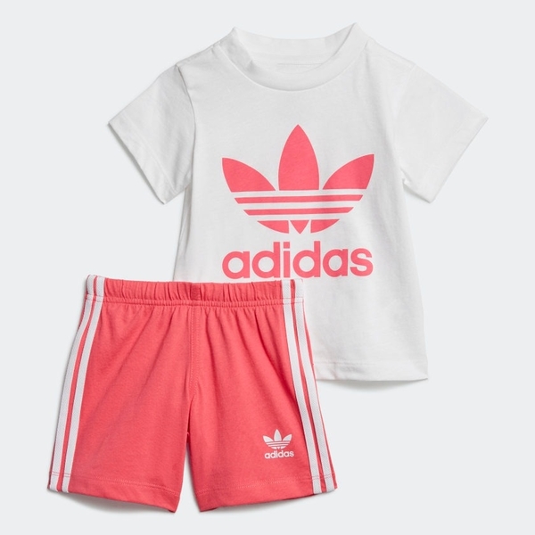 ADIDAS TREFOIL SHORTS TEE SET 童裝 小童 短袖上衣+短褲 棉質 肩部有鈕扣 粉 白【運動世界】ED7668