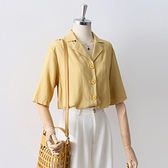 棉麻上衣 短袖女上衣夏新款簡約西裝領棉麻襯衫韓版寬鬆顯瘦姜黃色襯衣涼感