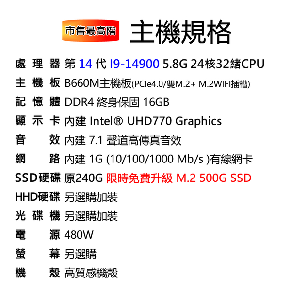 【28242元】市售最高階第14代Intel I9-14900二十四核500G/16G/480W電腦主機可刷卡分期支援WIN11可刷卡分期 product thumbnail 3