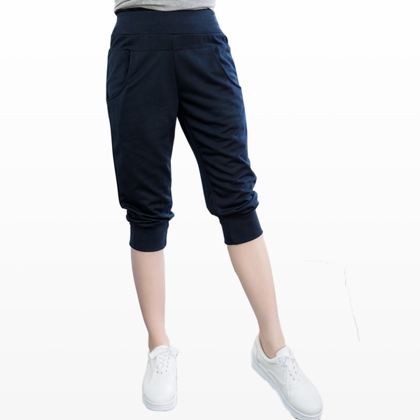 質感七分褲--輕鬆休閒運動女孩腰頭褲管羅紋雙口袋運動七分褲(紅.藍XL-4L)-S75眼圈熊中大尺碼