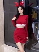 紅色聖誕節主題女裝時尚套裝衣服秋冬性感純欲小個子連身裙兩件套