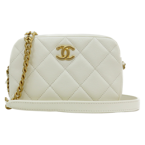 【二手名牌BRAND OFF】CHANEL 香奈兒 【再降價】米白色 牛皮 斜背包 金扣 AS3104