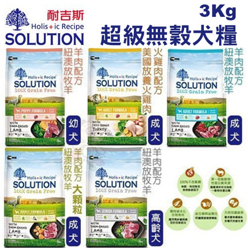 耐吉斯 SOLUTION 超級無穀狗飼料3kg 幼犬/成犬火雞/成犬羊肉(大小)/高齡犬/老犬