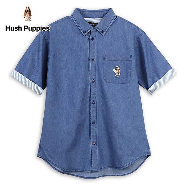 Hush Puppies 襯衫 男裝趣味衝浪狗刺繡寬版牛仔短袖襯衫