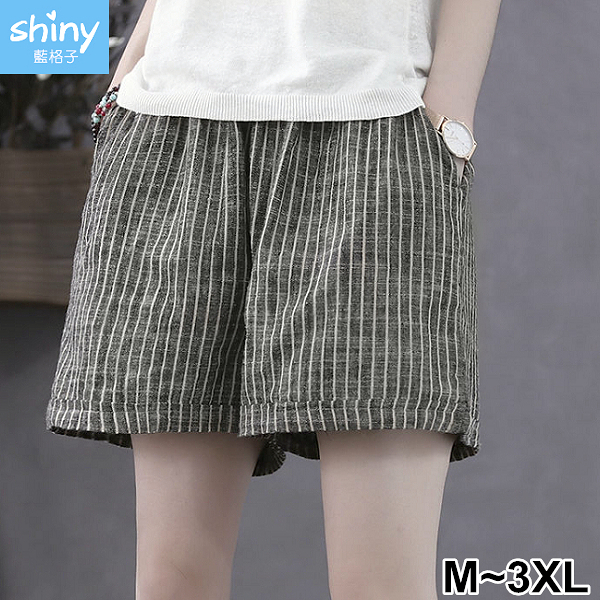 【V3550】shiny藍格子-春夏搭配．復古條紋鬆緊腰寬鬆短褲
