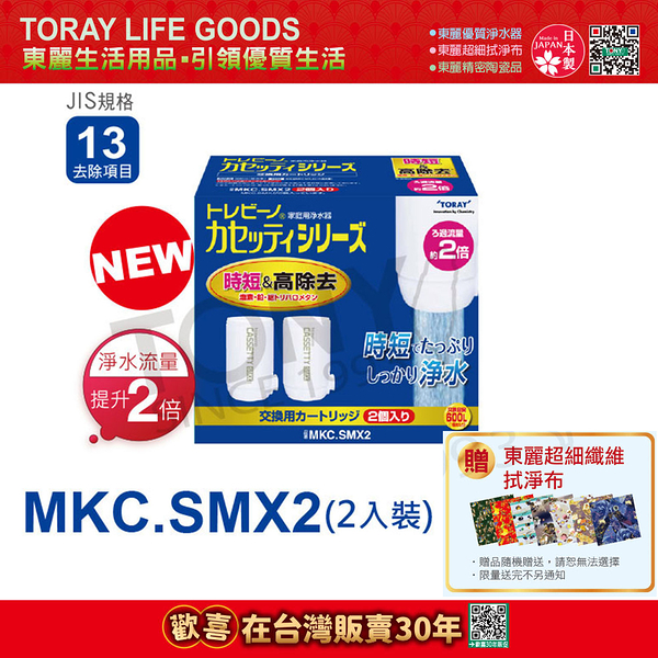 【東麗30周年-買就送超細纖維拭淨布】日本東麗 快速淨水 濾心MKC.SMX2(2pcs) 總代理貨品質保證