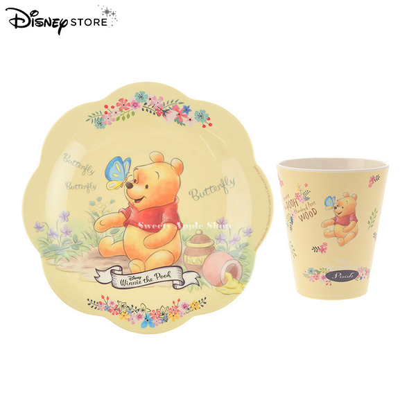 日本 Disney Store 迪士尼商店限定 小熊維尼 Blooming Garden 餐盤＆水杯 套組