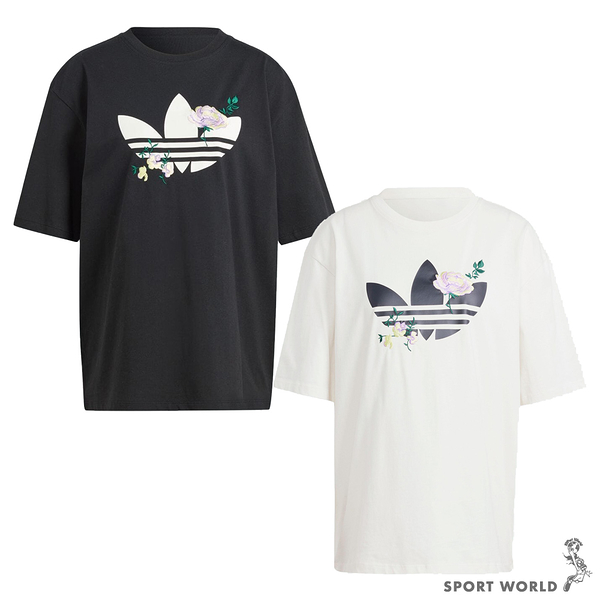 Adidas 女裝 短袖上衣 花卉 寬鬆 純棉 黑/米白【運動世界】II3196/IJ6012