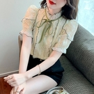 韓國chic短袖襯衫 法式泡泡袖輕奢重工立領蕾絲刺繡鉤花襯衣女T127.華麗時代