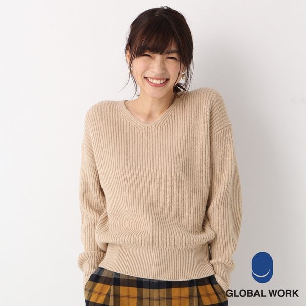 GLOBAL WORK女素色條紋微V領落肩直條壓紋針織長袖上衣-四色- Goodfind