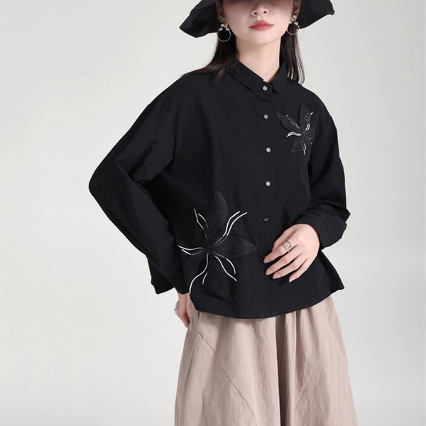 時尚設計感花朵拼接長袖襯衫上衣女【13-22-85105-23】ibella 艾貝拉