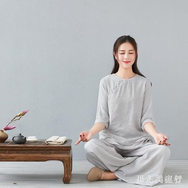 中大尺碼禪服套裝 禪服女套裝秋季棉麻服禪意唐裝漢服復古民族風茶服 Dr1243 男人與流行