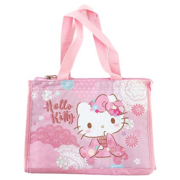 小禮堂 Hello Kitty 方形尼龍保冷便當袋 (粉和服款) 5718006-008023