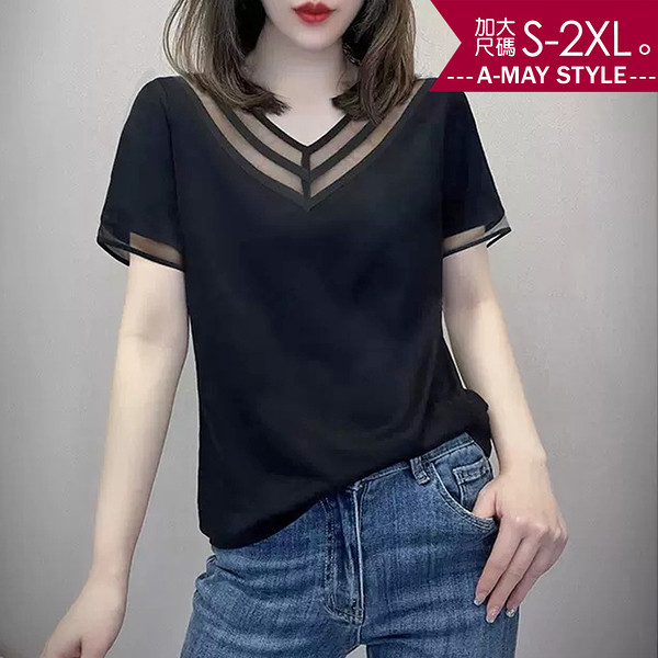 加大碼T恤-優雅V領網紗拼接短袖上衣(S-2XL)