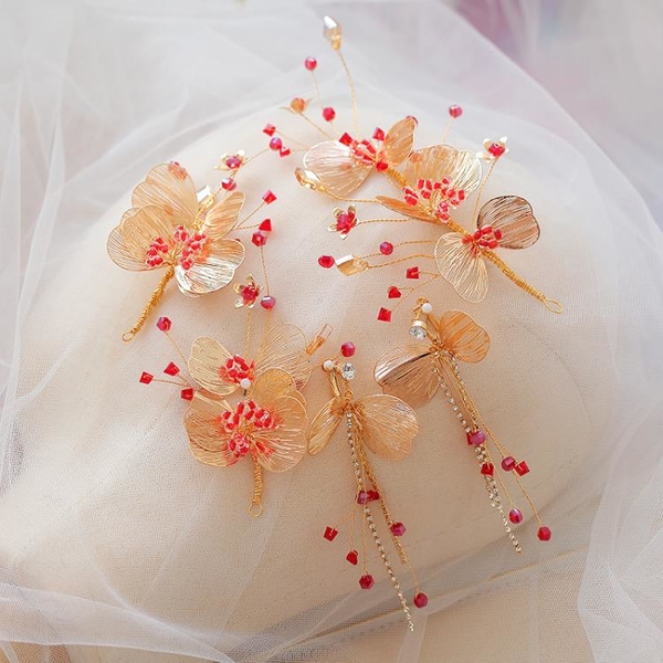 TTyrae FU~中式新娘結婚頭飾秀禾服發飾套裝帶耳環禮服佩戴頭飾金色閃亮飾品
