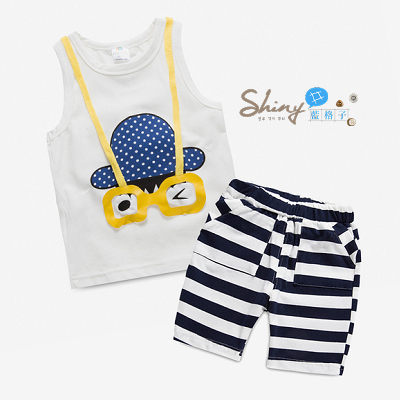 【R2136】shiny藍格子-嬰幼館．夏裝新款男童背心上衣+條紋短褲套裝