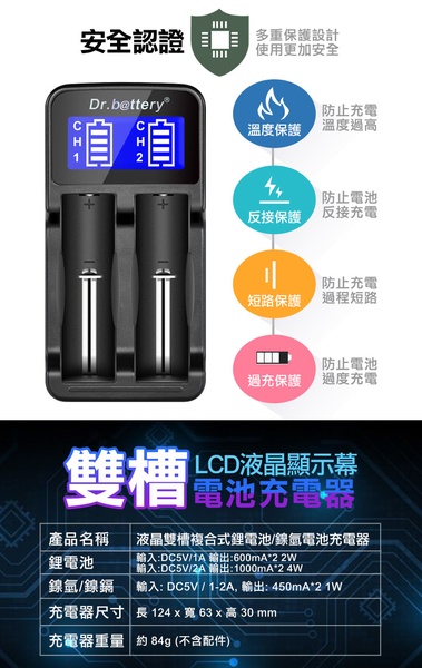 Dr.battery電池王 液晶雙槽LCD-18650鋰電池充電器/複合式鎳氫電池AA/AAA皆可充 product thumbnail 6