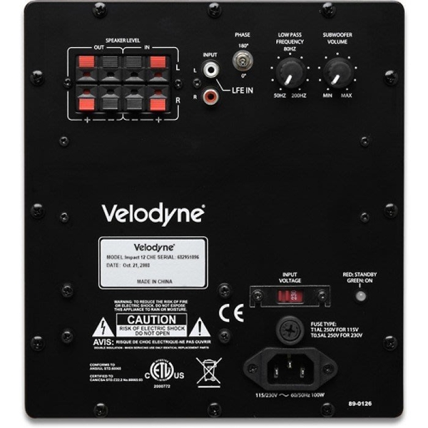 OUT VelodyneVelodyne         180 IN             TO   CAUTI OF ELECTRIC SHOCK NOT OPENAVIS      2000772LOW PASSFREQUENCYSUBWOOFERVOLUME VOLTAGE STANDBY ONFUSE   FOR   FOR 115 / 89-0126