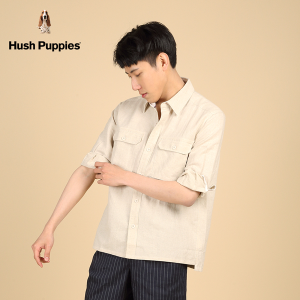 Hush Puppies 襯衫 男裝素色亞麻七分袖貼袋襯衫 product thumbnail 4