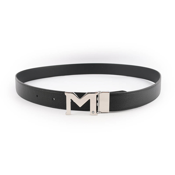 【MONT BLANC】銀色M Logo 搭扣3.5cm牛皮雙面可用皮帶(黑色) 127697