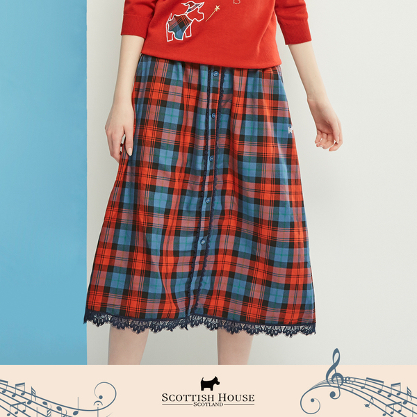 【Scottish House】 正格紋 後腰鬆緊帶 蕾絲 A字中長裙 (AN2105)