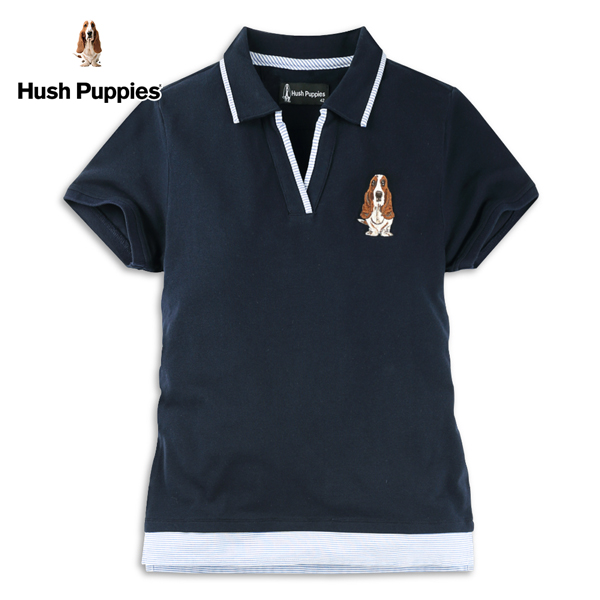 Hush Puppies POLO衫 女裝條紋拼接刺繡狗假兩件POLO衫