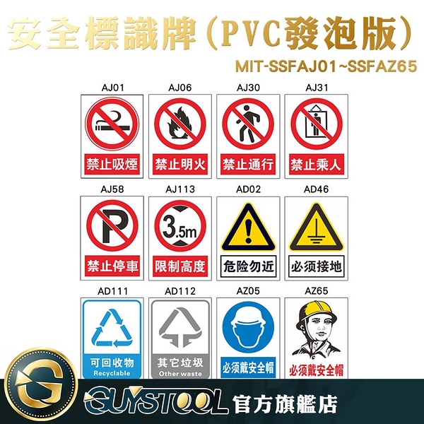 GUYSTOOL 12款 工地標語 禁止停車 警示貼牌 MIT-SSFAJ01~SSFAZ65 防潑水材質