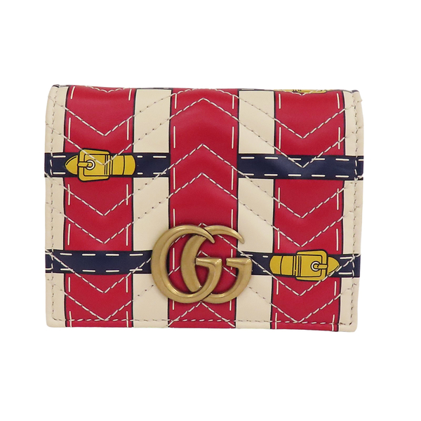 【二手名牌BRAND OFF】GUCCI 古馳 紅白色 牛皮 山形紋 Trompe L'Oeil 扣式短夾 金扣 46482