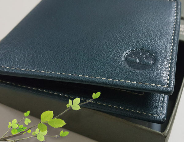 【Timberland】男皮夾 短夾 荔紋牛皮夾 簡式卡夾 大鈔夾 品牌盒裝／藍色