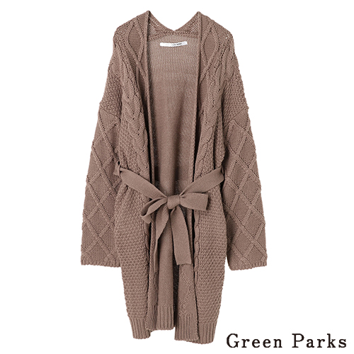 「Hot Winter」交織麻花綁帶設計針織長版罩衫 - Green Parks