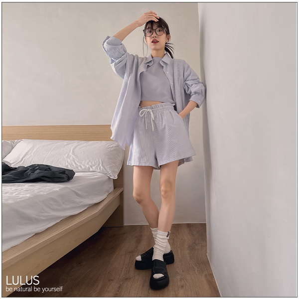 LULUS/套裝休閒直紋襯衫+短褲藍【A01240151】 product thumbnail 3