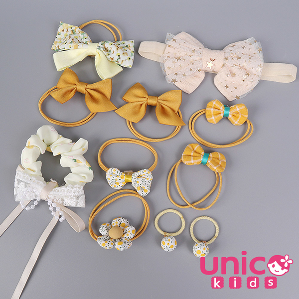 UNICO 兒童黃色小碎花蝴蝶結髮圈髮帶11入組